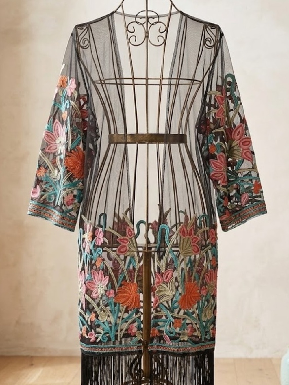 Embroidered Floral Sheer Fringe Kimono — Black with Multicolor Flowers Boutique